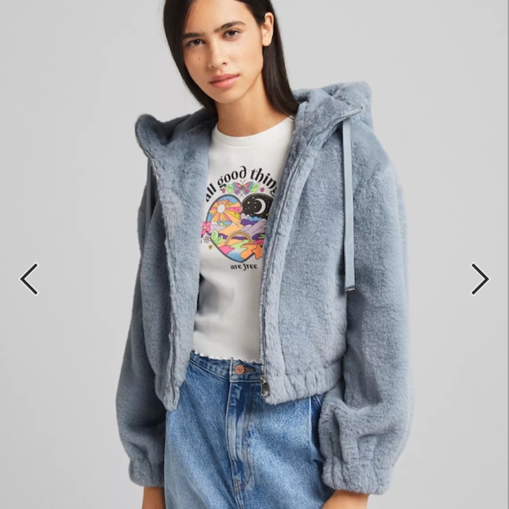 Bershka faux fur hooded jacket - blue New/Never-worn!